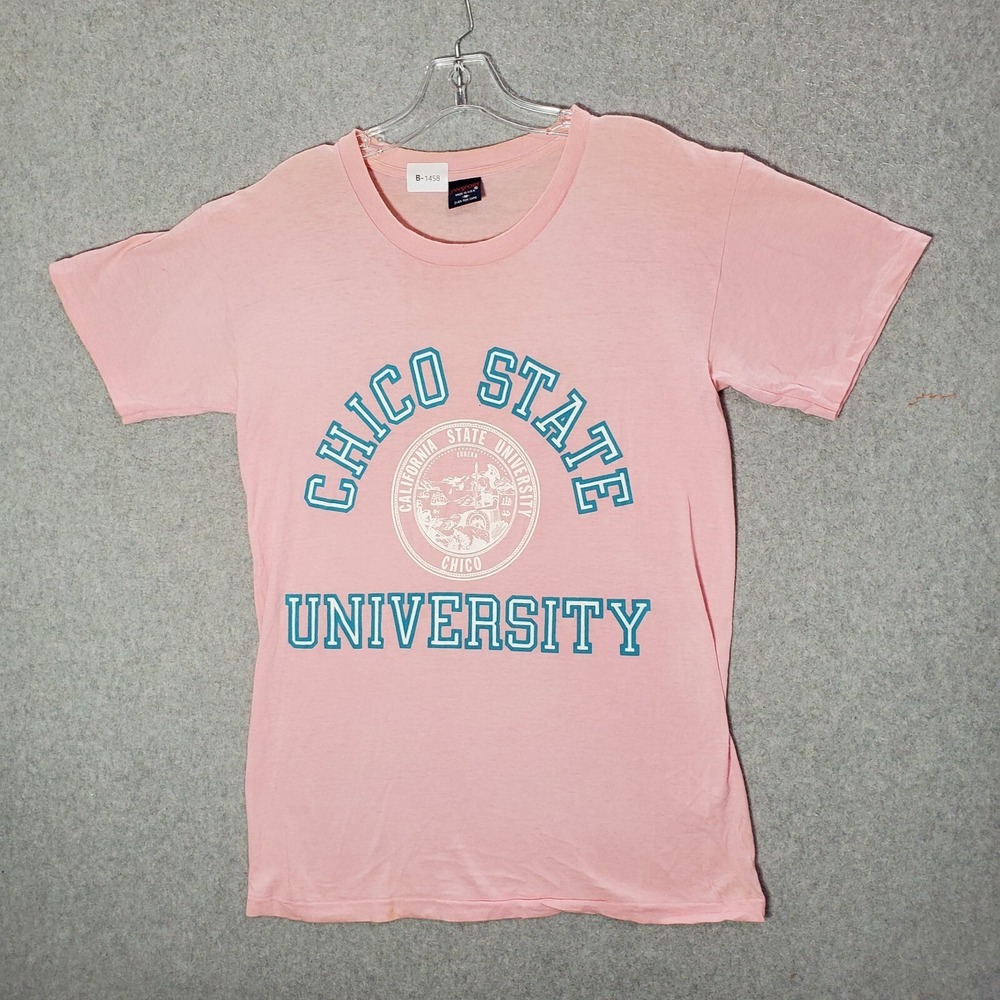 VINTAGE Chico State Men Shirt Medium Pink Jansport Single Stitch Made in US READ